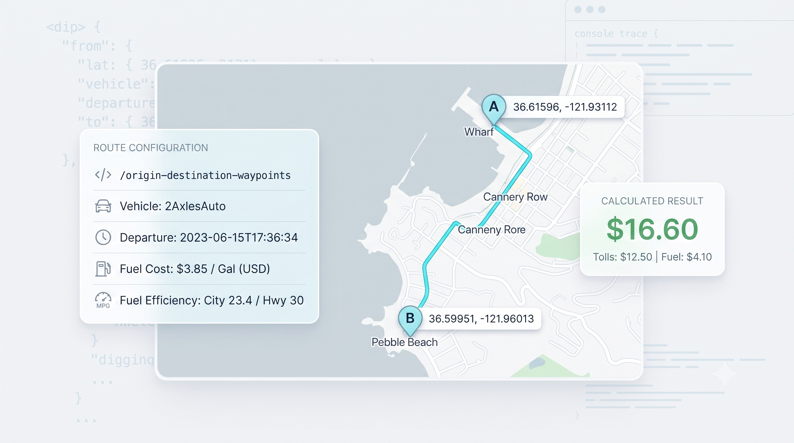 TollGuru Toll SDK route configuration with calculated toll and fuel cost